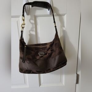 COACH F18039 Signature Brown Canvas Stripe Satchel Hobo Purse